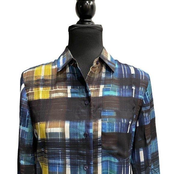 Trina Turk Blue Plaid Button Down Blouse | Size SP Petite | Office Dark Academia - Picture 4 of 16